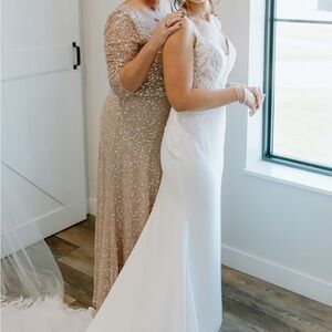 Adrianna Papell Taupe sequence dress with three quarter sleeves. Size 10.